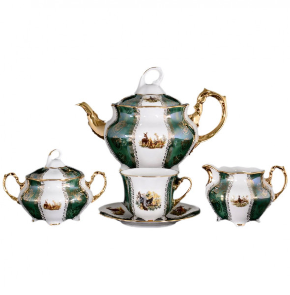 Чайный сервиз на 6 персон 15 предметов  Royal Czech Porcelain &quot;Болеро /Охота зелёная&quot; / 086873