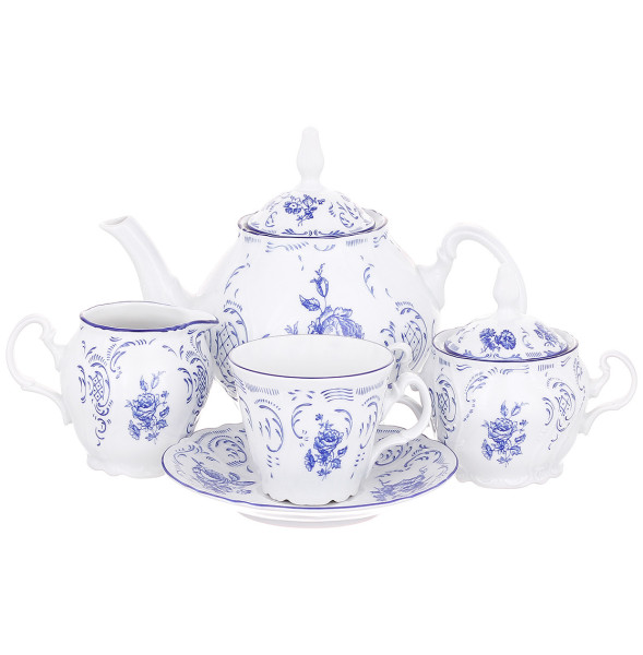 Чайный сервиз на 6 персон 15 предметов  Thun &quot;Бернадотт /Синие розы&quot; (чашка 230 мл, блюдце 15 см) / 139519