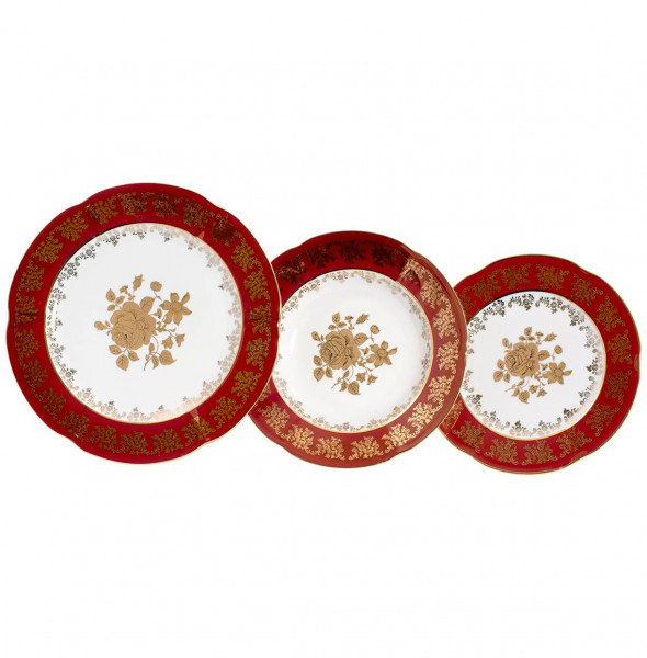 Набор тарелок 18 предметов (19, 22,5, 27 см)  Royal Czech Porcelain &quot;Болеро /Золотая роза /Красная&quot; / 203625