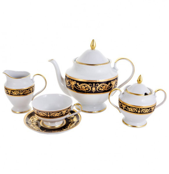 Чайный сервиз на 6 персон 15 предметов  Bavarian Porcelain &quot;Александрия /Золотой узор на чёрном&quot; / 070349