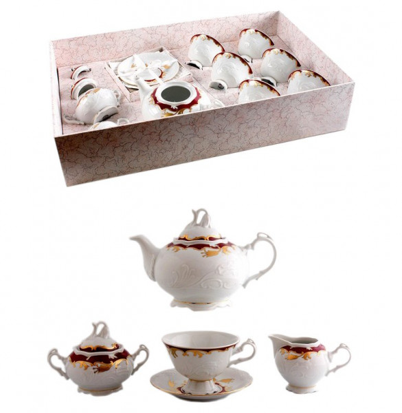 Чайный сервиз на 6 персон 15 предметов низкая чашка  Thun &quot;Тулип /Красный с золотом&quot; / 016853