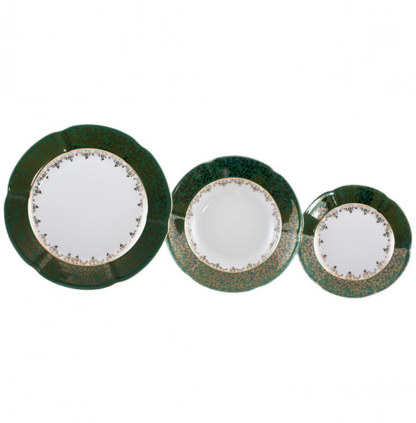 Набор тарелок 18 предметов (19, 22,5, 27 см)  Royal Czech Porcelain &quot;Болеро /Зелёный /Золотые листики&quot; / 203664