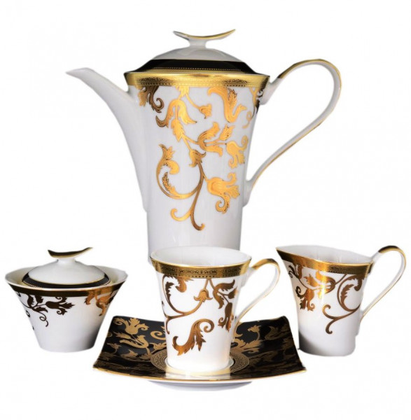 Чайный сервиз на 6 персон 15 предметов  Falkenporzellan &quot;Тоска /Чёрная /Золотые цветы&quot; / 060292