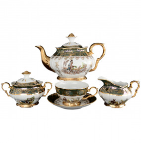 Чайный сервиз на 6 персон 15 предметов  Bohemia Porcelan Moritz Zdekauer 1810 s.r.o. "Магнолия /Охота зелёная" / 042639