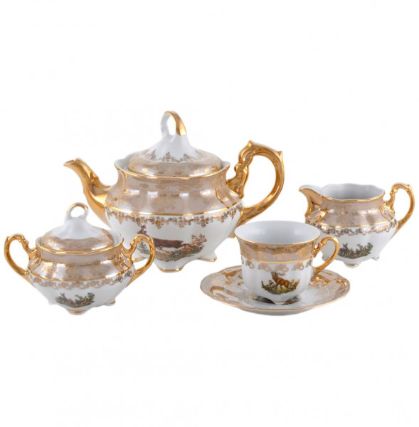 Чайный сервиз на 6 персон 15 предметов  Royal Czech Porcelain &quot;Болеро /Охота бежевая&quot; / 204687