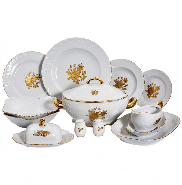 Столовый сервиз на 6 персон 27 предметов  Royal Czech Porcelain &quot;Рококо /Золотая роза /Белая&quot;  / 203950