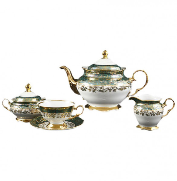 Чайный сервиз на 6 персон 15 предметов  Roman Lidicky &quot;Фредерика /Золотые листики на зелёном&quot; / 167795
