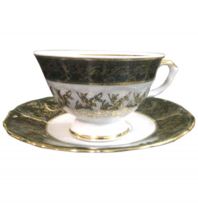Набор чайных пар 200 мл 6 шт  Bavarian Porcelain "Мария-Тереза /Зелёная /Золотые листики" / 080146