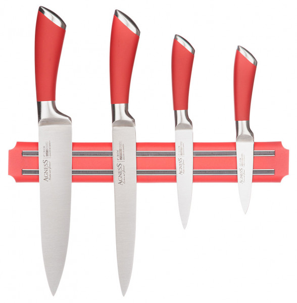 Набор кухонных ножей 5 предметов на магнитном держателе красные &quot;Agness&quot; / 281870