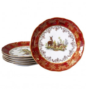 Набор тарелок 25 см 6 шт глубокие  Royal Czech Porcelain "Мария-Тереза /Охота красная" / 203473